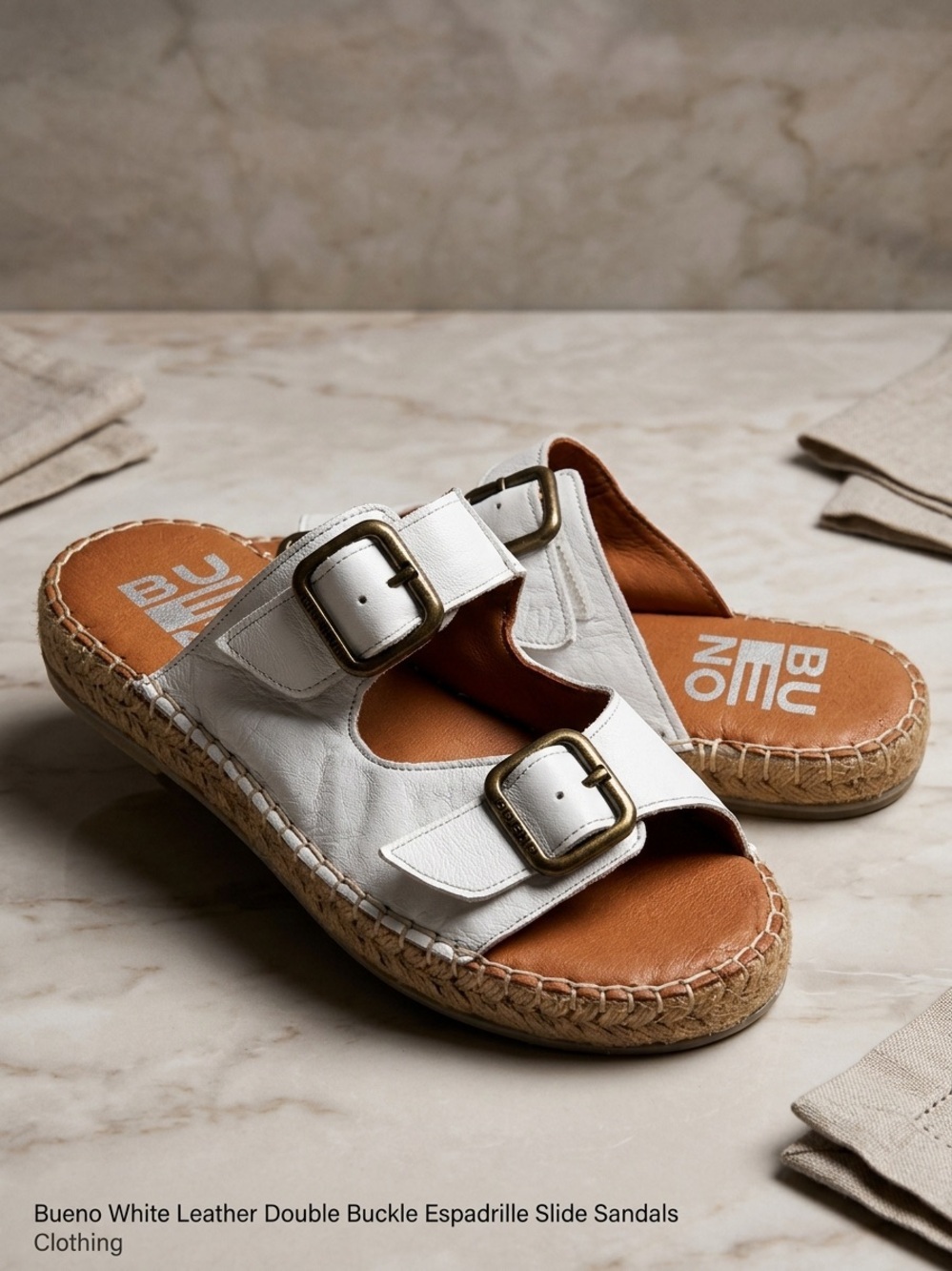 Bueno White Leather Double Buckle Espadrille Slide Sandals